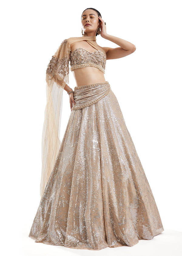 Gold Embroidered Lehenga With Attached Drape Cape