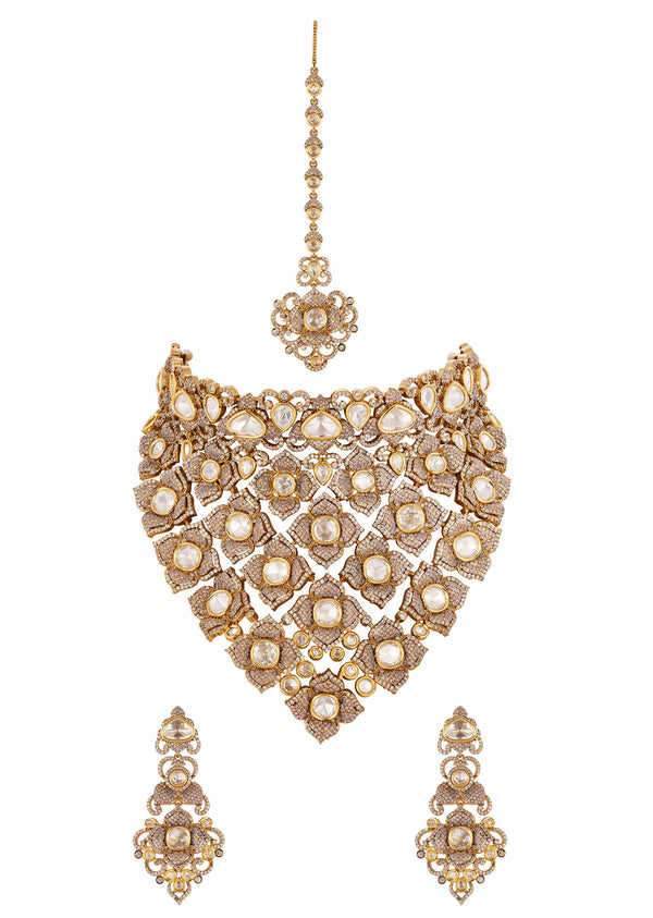 Gold Finish Jewellery Set In Polki And Semi Precious Stones