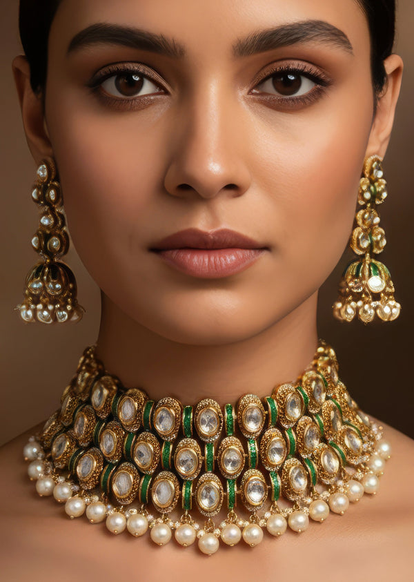 Gold Finish Jewellery Set In Polki in Semi Precious Stones