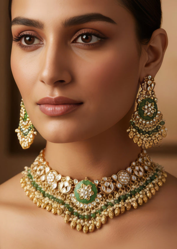 Gold Finish Necklace Set With Kundan Jadau Stones Enamel And Moti Beads