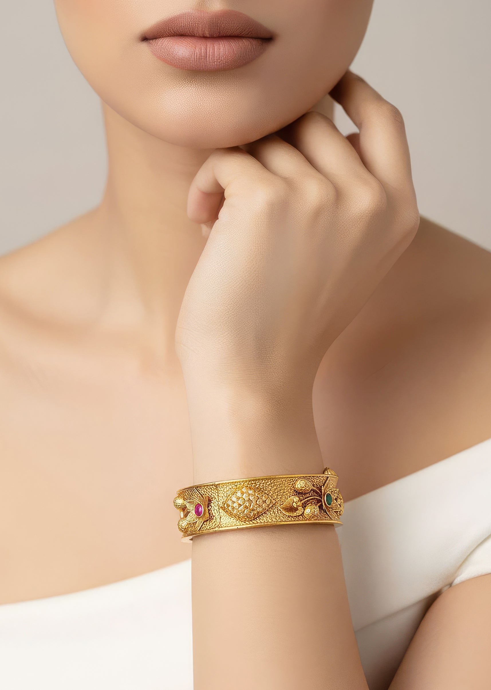 Buy Gold Finish Temple Style Bangle With Rani Pink and Green Simulated ...