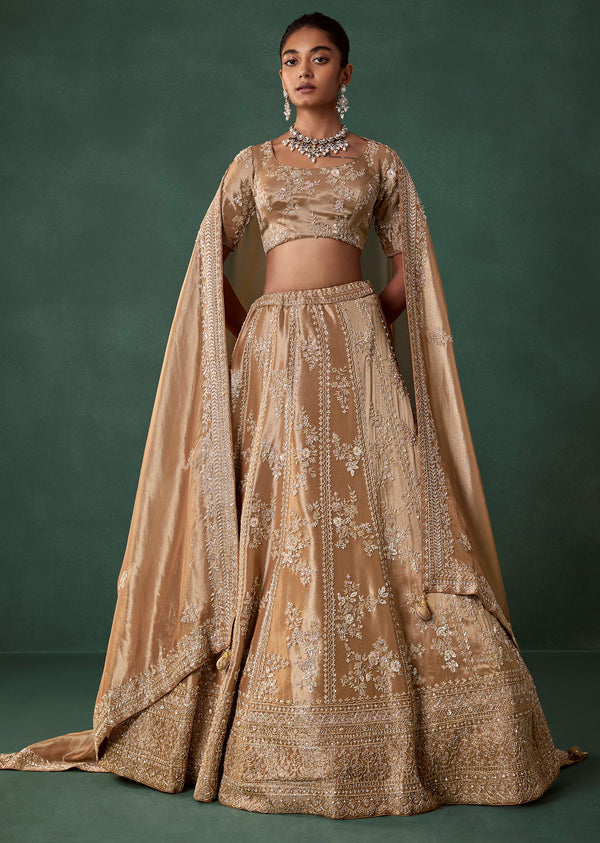 Gold Hand Embroidered Bridal Lehenga Set in Satin