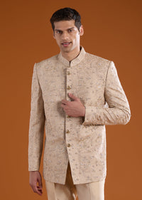 Gold Jacquard Jodhpuri Set with Cutdana Work