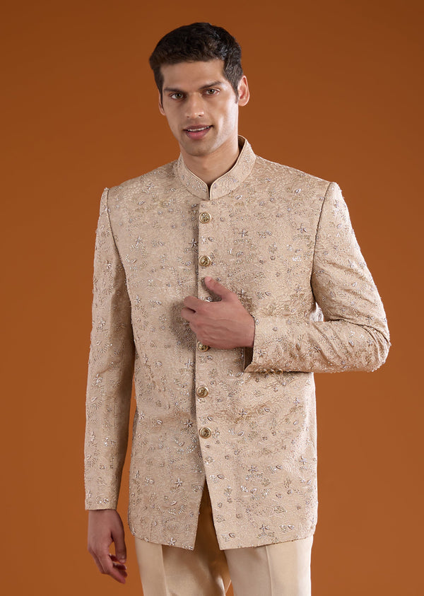 Gold Jacquard Jodhpuri Set with Cutdana Work