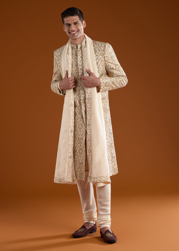 Gold Jacquard Sherwani Kurta Set