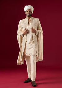 Gold Linen Sherwani Set With Self Embroidery