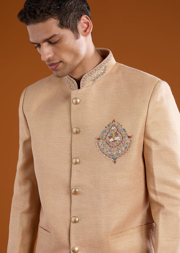 Gold Matka Silk Jodhpuri Set with Bead Work