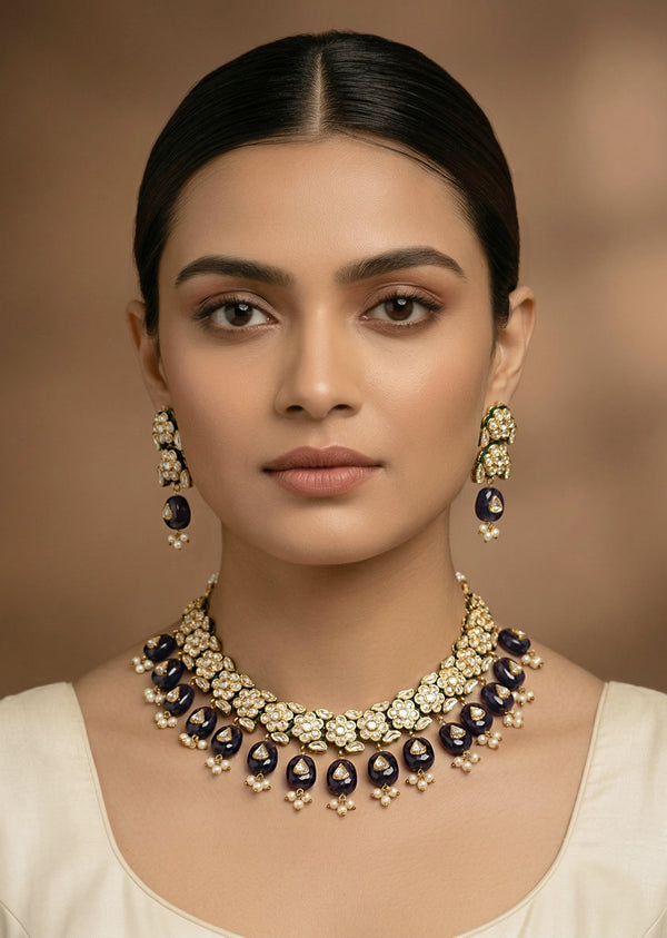 Gold Plated Blue Kundan Polki Choker Necklace Set With Earrings