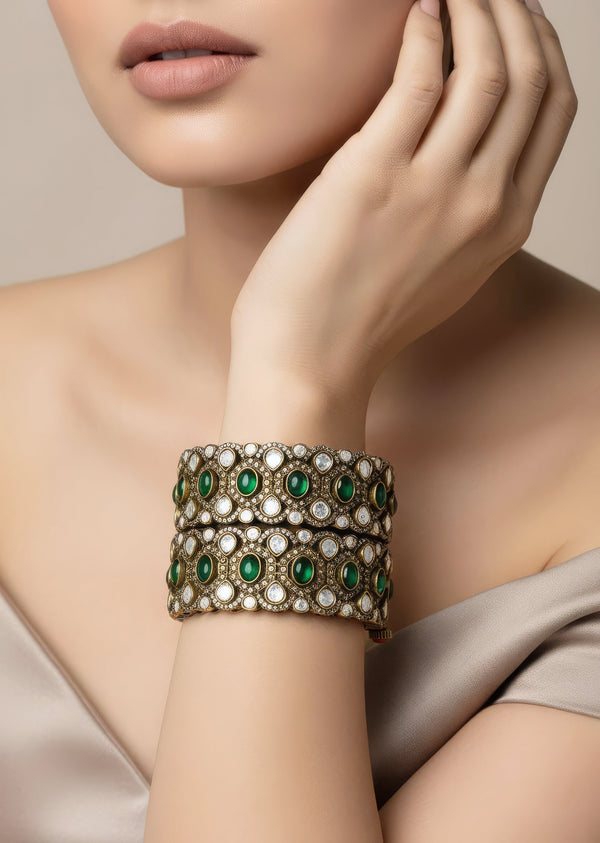 Gold Plated Green Kundan Polki Bangles