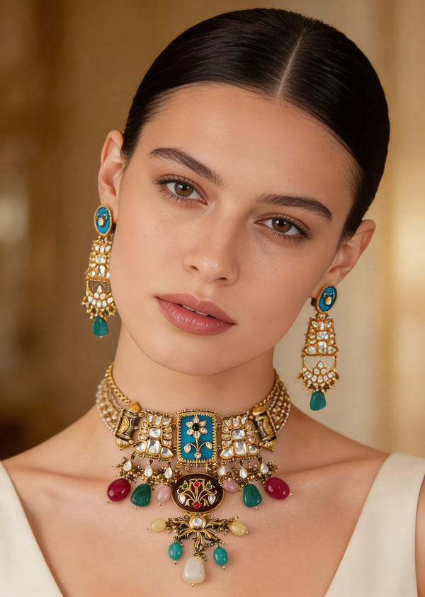 Gold Plated Kundan Polki Choker Necklace Set With Earrings