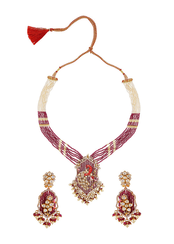 Gold Plated Maroon And White Beads Long Necklace Set With Earrings