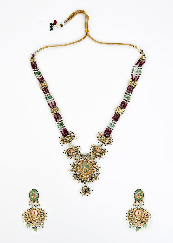 Gold Plated Maroon Beaded Long Necklace Set With Earrings