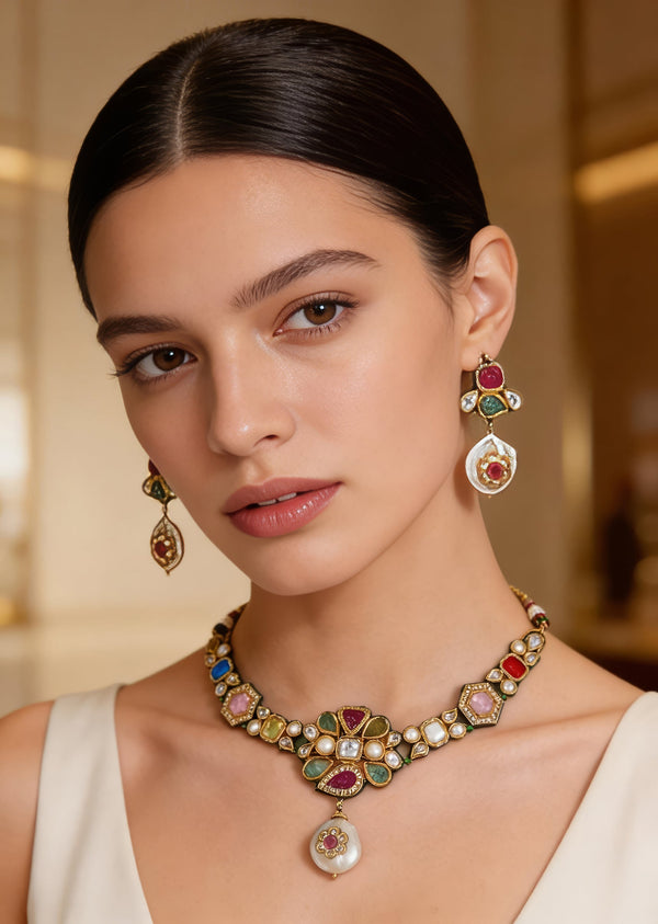 Gold Plated Multicolored Kundan Polki Choker Necklace Set With Earrings