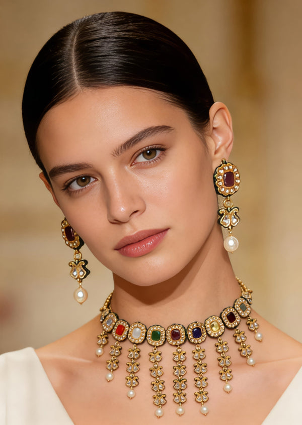 Gold Plated Multicolored Kundan Polki Necklace Set With Earrings