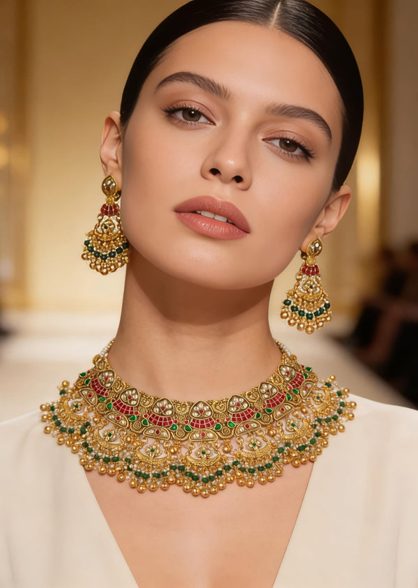 Gold Plated Multicolored Kundan Polki Necklace With Earrings