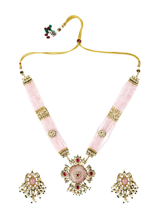 Gold Plated Pink Beaded Long Necklace Set With Earrings