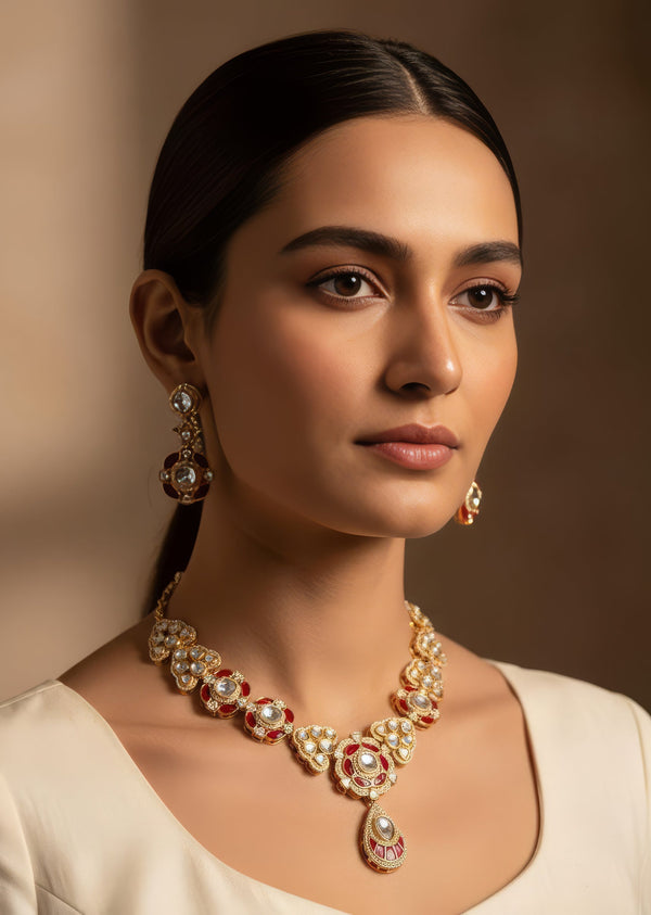 Gold Plated Red Gemstones Kundan Necklace And Earring Set