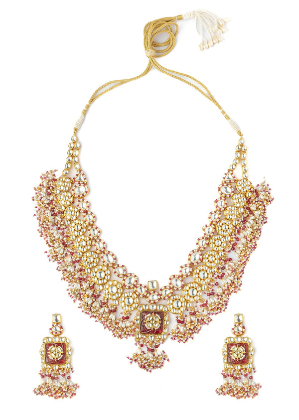 Gold Plated Red Stones Kundan Polki Necklace Set With Earrings