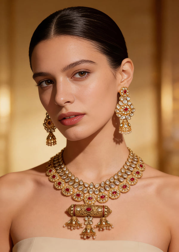 Gold Plated Red Synthetic Stone Necklace Set With Earrings