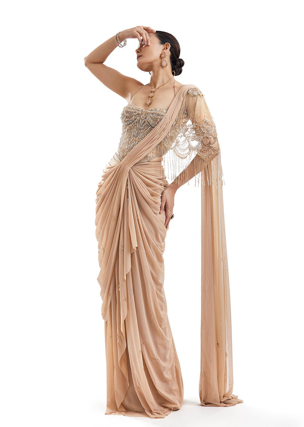 Gold Ready Pleated Saree With Halter Blouse