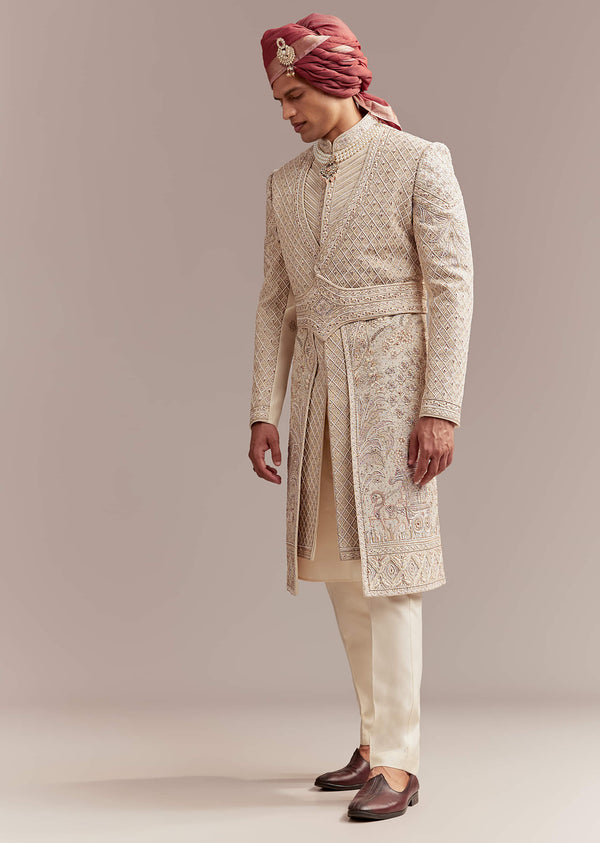 Gold Silk Sherwani For Groom With Intricate Hand Work