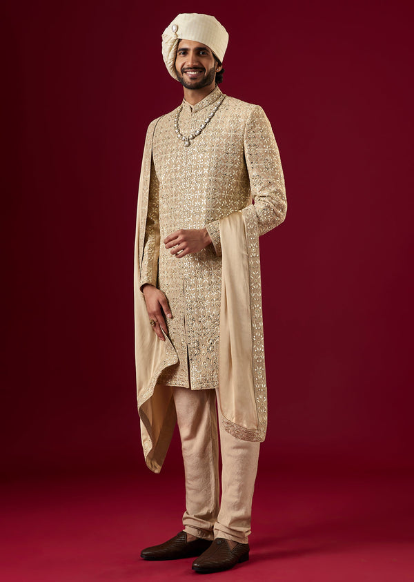 Gold Silk Sherwani Set With Mirror Dori Work