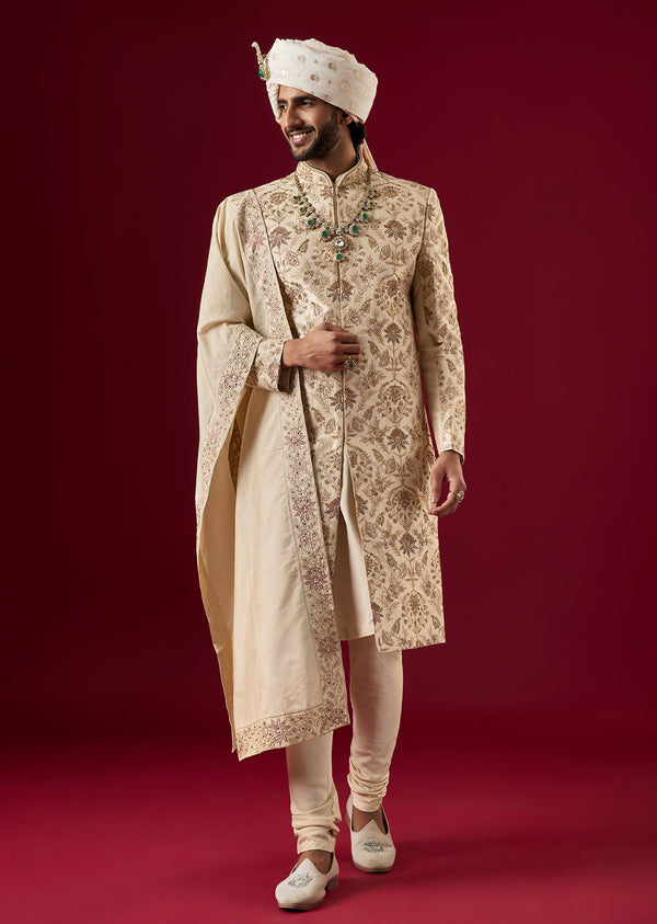 Gold Silk Sherwani Set With Zari And Zardosi Work