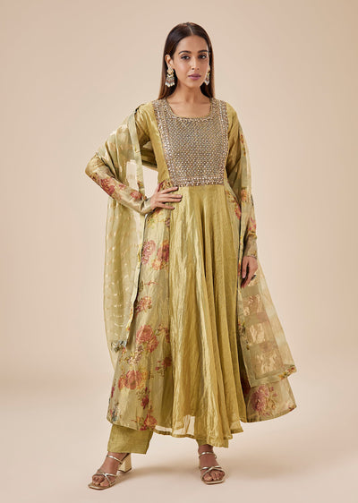 Gold Tissue Floral Anarkali Suit With Embroidered Yoke