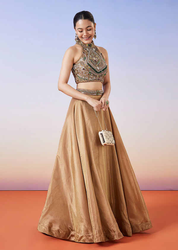 Gold Tissue Handwork Crop Skirt Lehenga