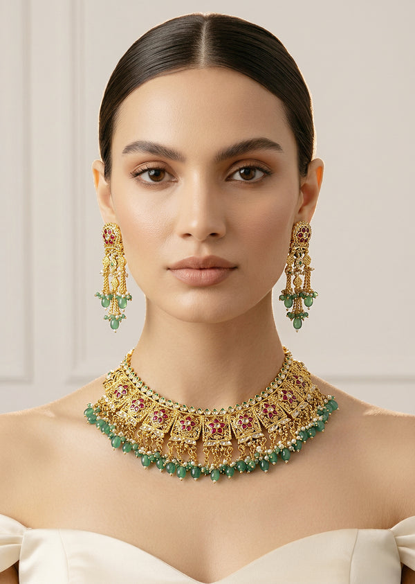 Gold Tone Choker Set With Red Green Stone And Pearl Drops Embellishments