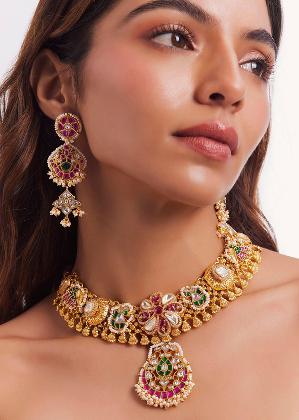Gold Finish Kundan Polki And Multi Coloured Stone Choker Necklace Set