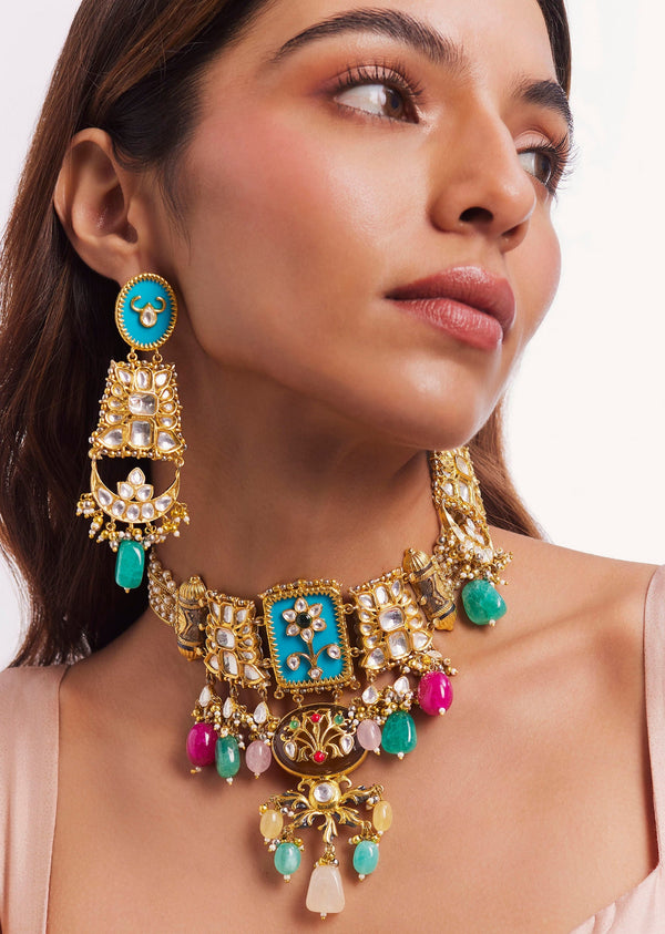 Gold Finish Kundan Polki Choker Necklace Set