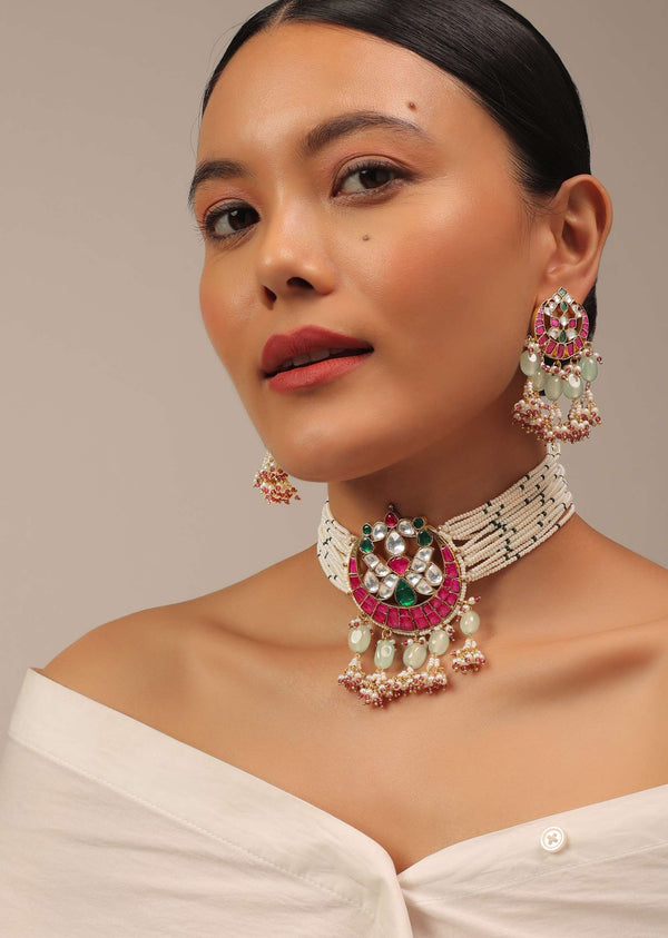 Gold Finish Kundan Polki Choker Set With Ocean Blue Drops