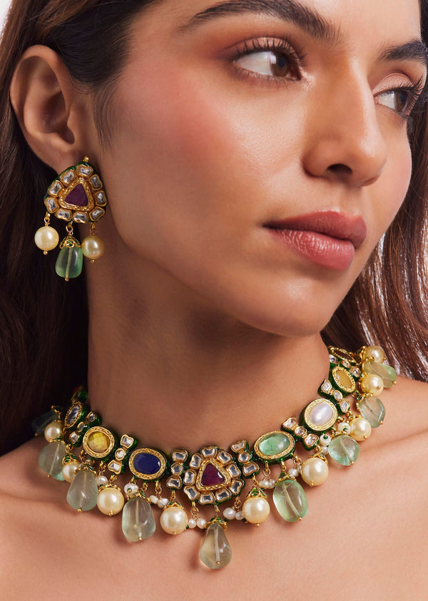 Gold Plated Multi Colour Kundan Necklace Set