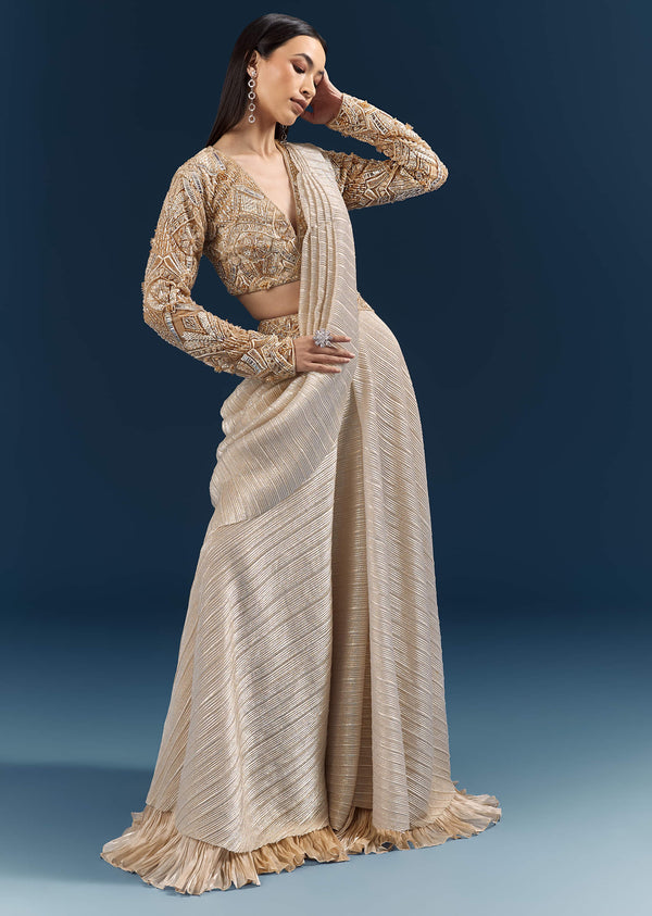 Gold Ready Pleated Saree With Aari Work