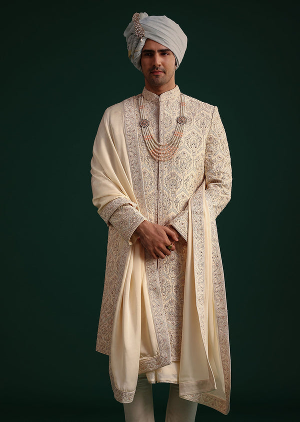 Gold Silk Zari Embroidered Sherwani Suit With Dupatta And Mala