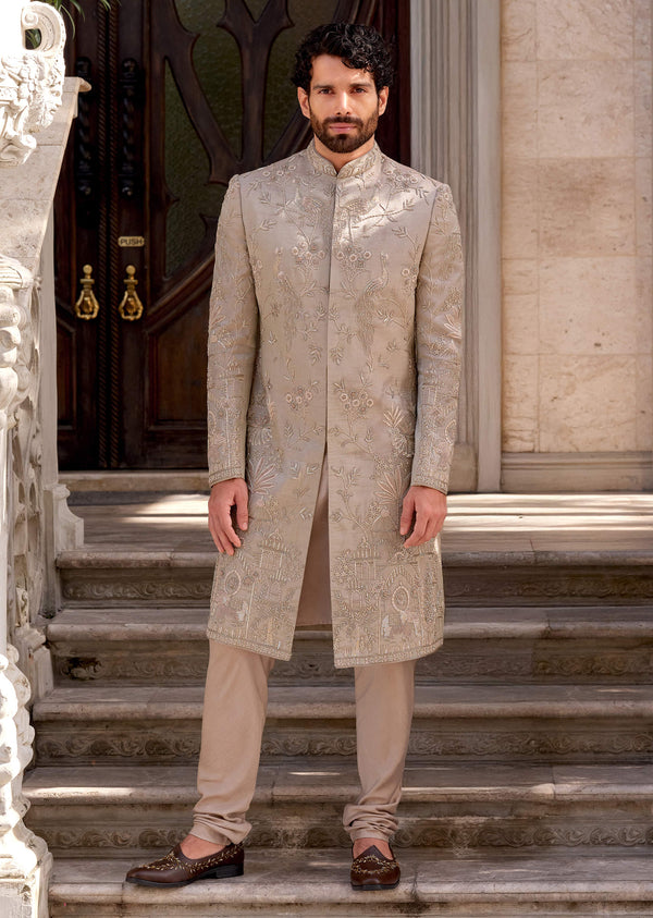 Gold Tissue Sherwani For Groom With Intricate Zardosi Work
