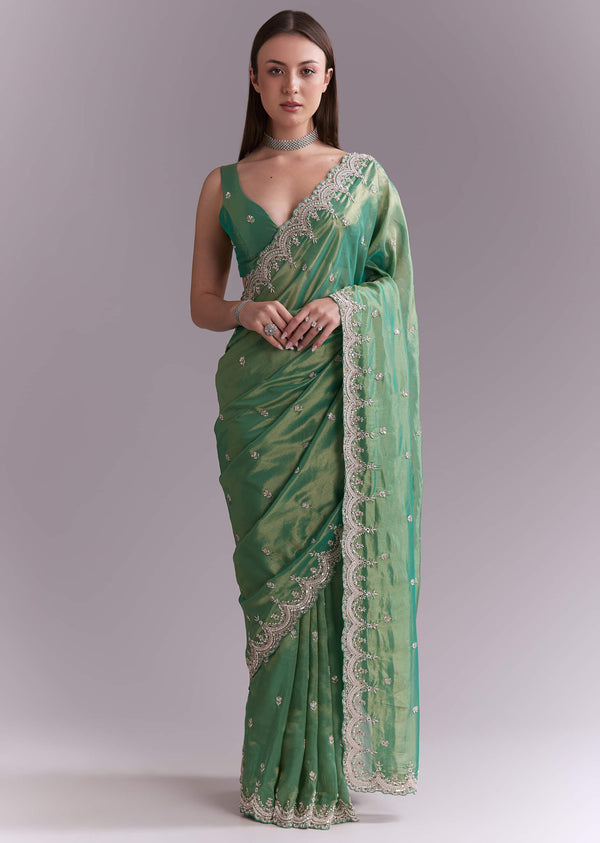 Grass Green Silk Saree With Heavy Hand Embroidery