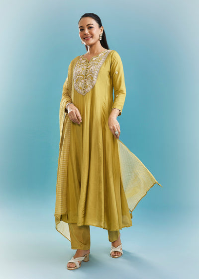 Green Anarkali Set With Sequins And Resham Work