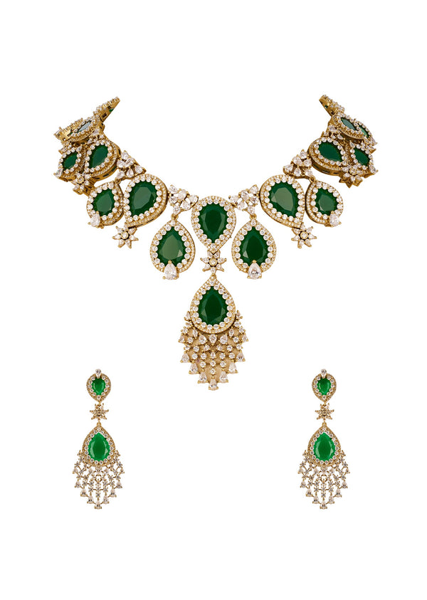 Green and Gold Anti Tarnish Finish CZ Diamond Necklace Set in Rhodium Plated Brass