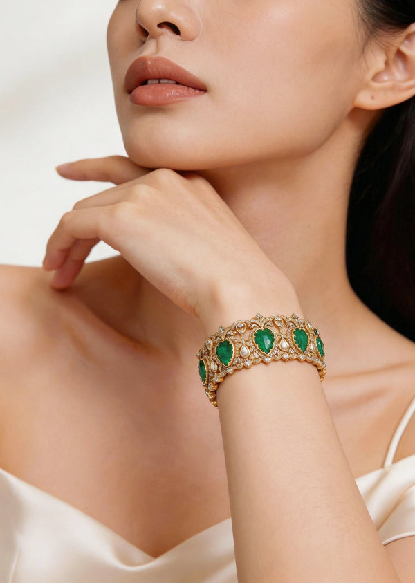 Green And Gold Stone Embellished Teardrop Bangle Set