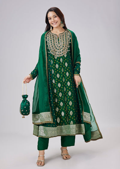 Green Banarasi Bandhani Silk Anarkali Set With Dupatta
