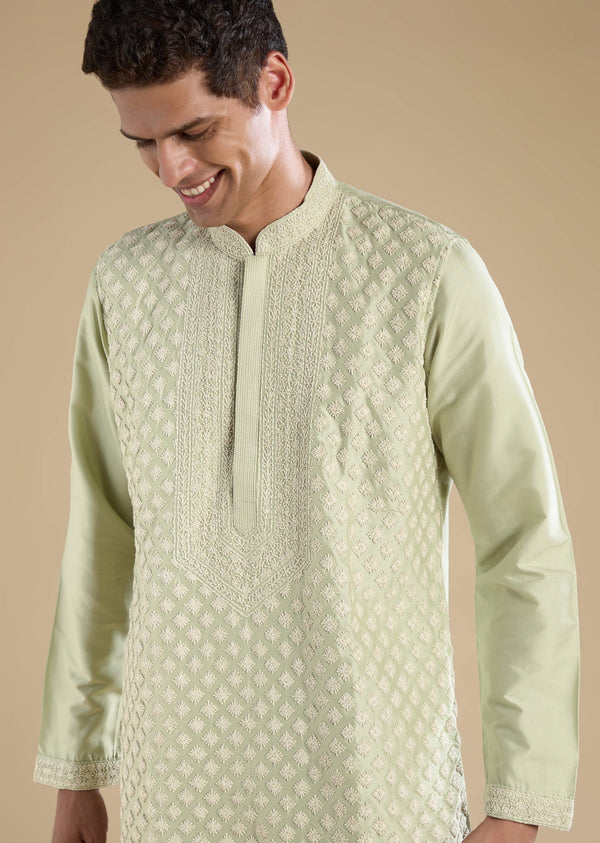 Green Banarasi Silk Kurta Set With Heavy Hand Embroidered Kantha Work