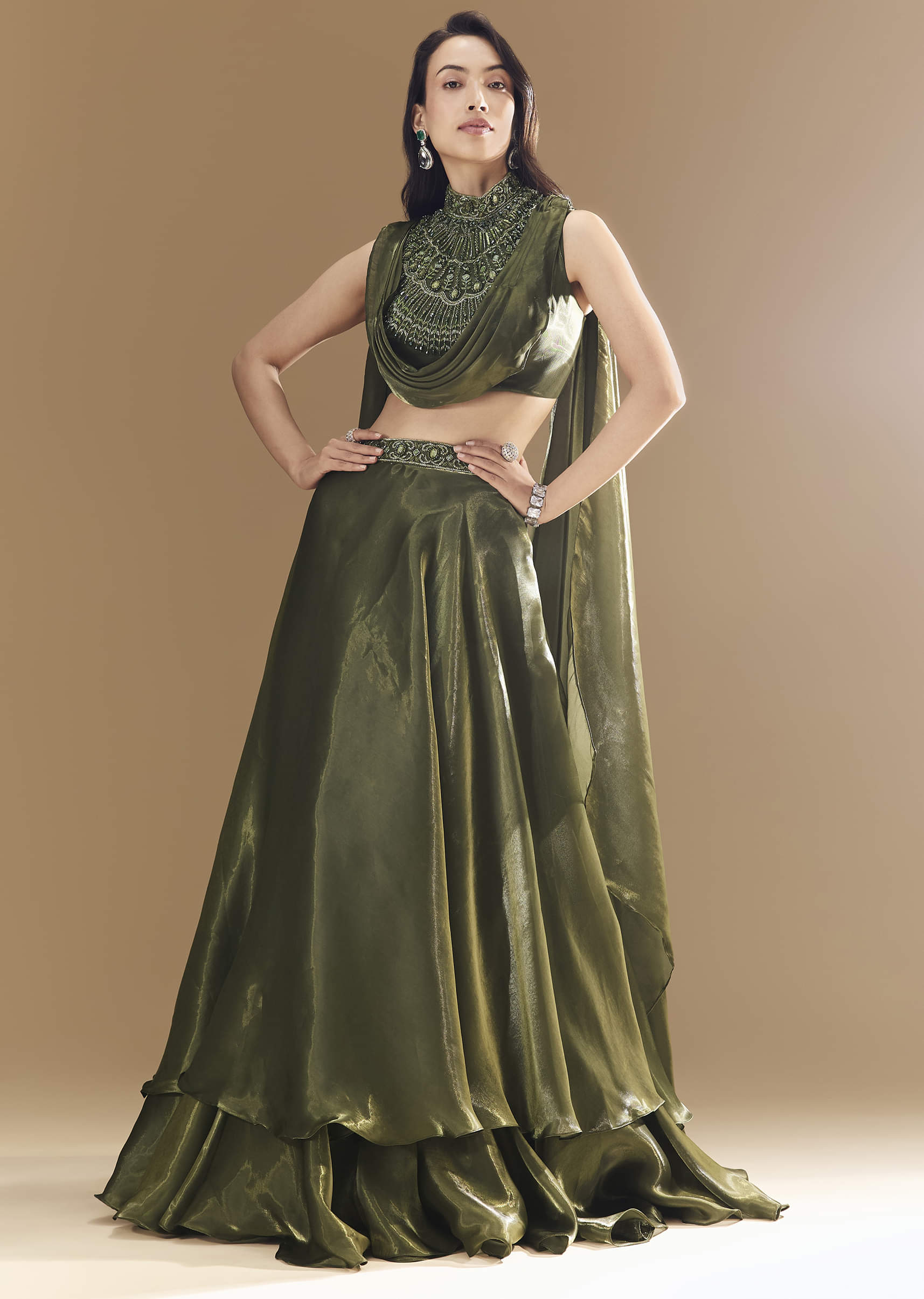Buy Green Bridesmaid Organza Lehega with Cowl Blouse | KALKI Fashion Global