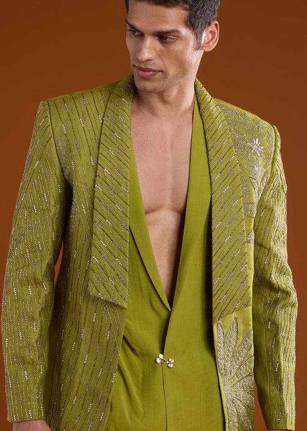 Green Chanderi Embroidered Tuxedo Set with Dori Work