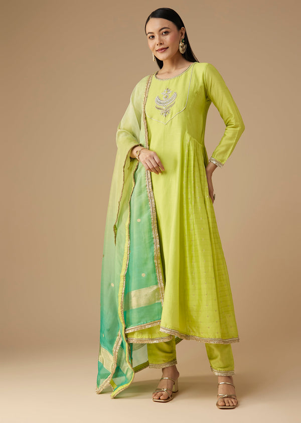 Citron Green Chanderi Zardosi Embellished Anarkali Set With Ombre Dupatta
