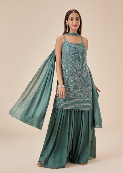 Green Chinon Kurta Palazzo Suit Set With Cut Dana Embroidery
