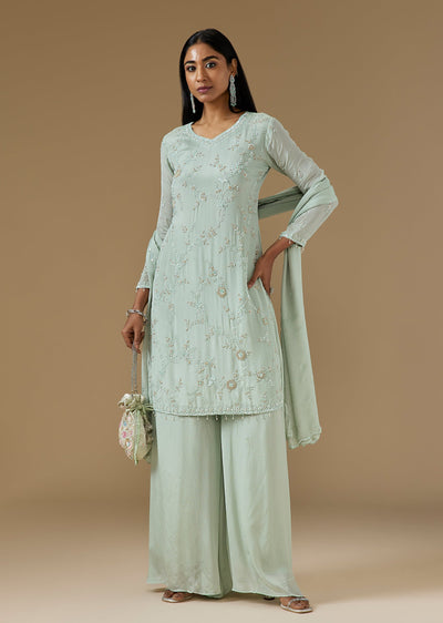 Green Chinon Sharara Suit With Cut Dana And Sequin Embroidered Kurta