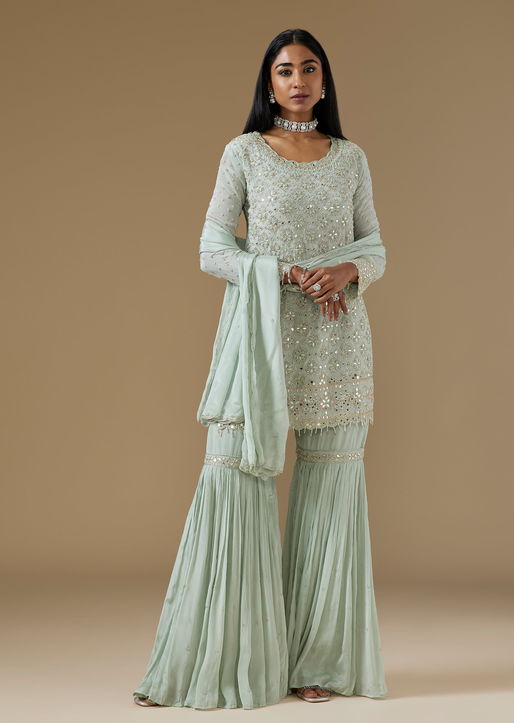 Green Chinon Sharara Suit With Mirror Cut Dana And Moti Embroidery