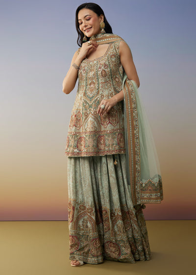 Green Crepe Palazzo Suits with Gotta Lace Work